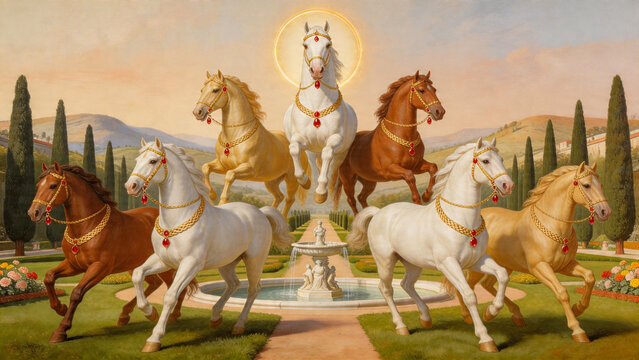 7 Running Horses Adorned with Gold and Ruby Jewels in Sacred Garden