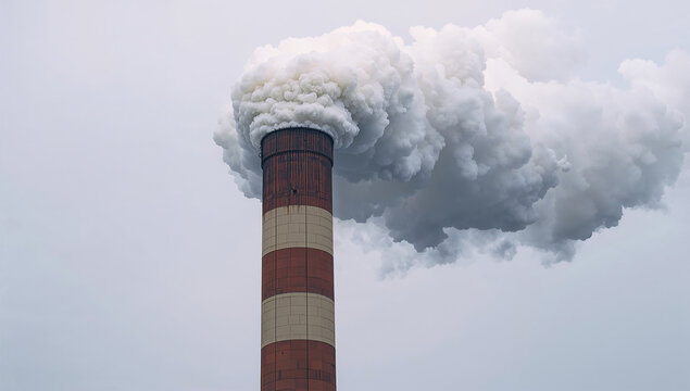 白い排煙を放つ一本の巨大煙突を近接で捉えた環境写真