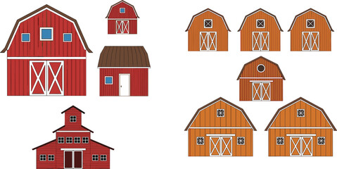 Barn Buildings Collection with Rustic Farm Structures, Red Wooden Barns, and Agricultural Storage Houses for Rural Landscape and Farming Illustration © MstBobita