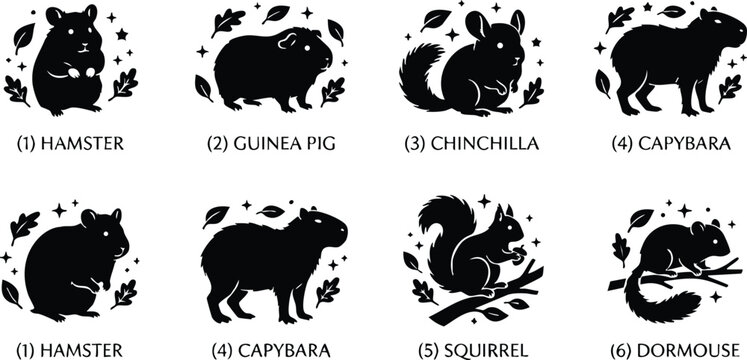 Hamster guinea pig chinchilla capybara squirrel and dormouse with leaves
