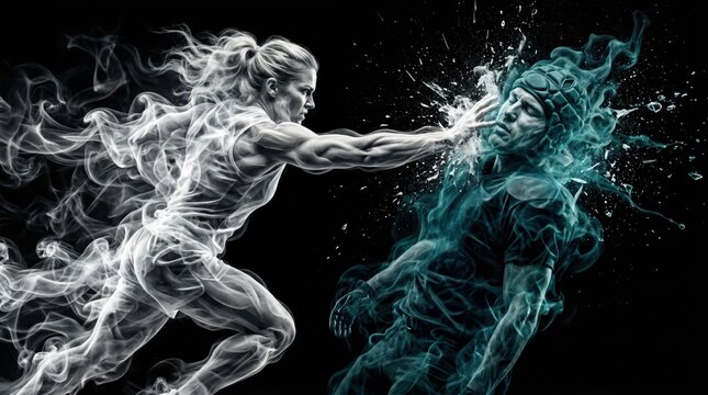 Powerful white smoke figure punching teal adversary, dynamic explosion of particles on black background. Force concept.