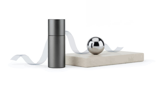 Gray cylinder and sphere on concrete block with ribbon