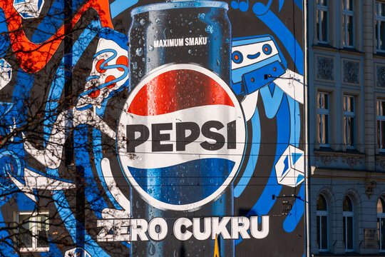 Wroclaw, Poland - March 16 2025: Vibrant Hand Painted Street Mural Advertisement for Pepsi Zero Sugar on an Urban Building Wall Colorful Commercial Graffiti and Outdoor Marketing in the City