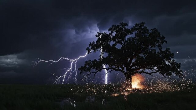 Dramatic lightning storm over tree landscape.