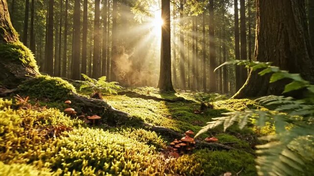sunlight filtering through forest trees and ferns.
