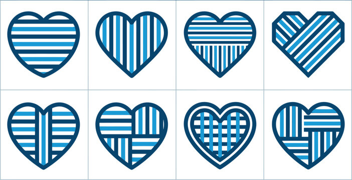 Acht Herzen mit verschiedenen blauen und wei&szlig;en Streifenmustern, grafisch und modern dargestellt.