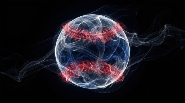 Abstract glowing baseball with dynamic red and white smoke lines on black background. Energetic digital sport concept.