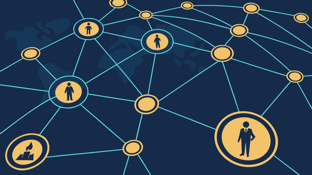 A vector graphic illustration of a network of people connected by lines on a dark blue background