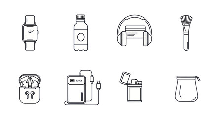 Fototapeta premium Modern Gadgets and Accessories Line Icons Set: Smartwatch, Headphones, Charger, Makeup Brush