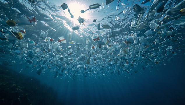 海面直下に広がる大量の漂流ごみが海洋汚染を訴える環境写真