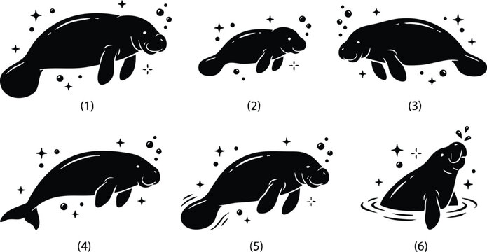 Black and white silhouette vector art of manatees in various swimming poses with stars