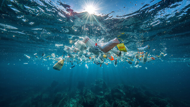 海面直下に広がる大量の漂流ごみが海洋汚染を訴える環境写真