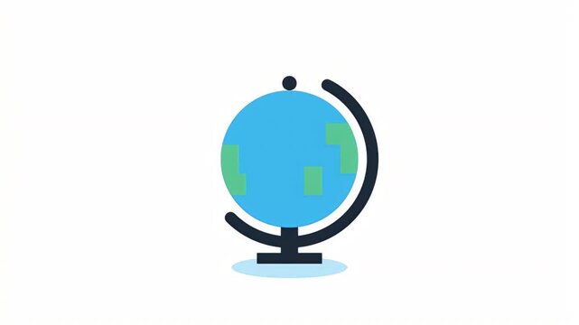 Stylized flat animation of a blue and green earth globe rotating on a black stand for geography and travel themes.