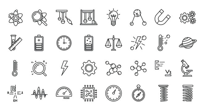 Collection of science and technology icons in a linear style silhouette