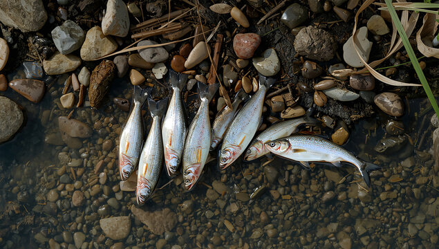 河川調査の記録用に魚のへい死状況を残した環境写真