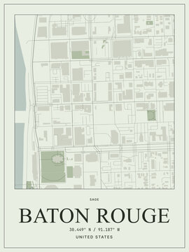 Minimalist map poster of baton rouge, louisiana, usa, featuring a sage green color palette and geographic coordinates