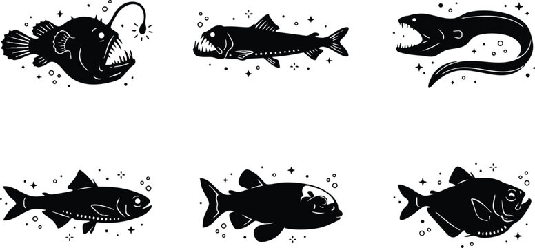 Black and white line art deep sea fish collection with anglerfish and eel