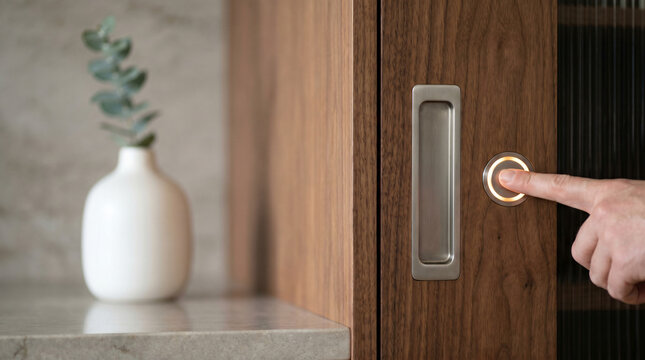 Close-up of Person Hand Pressing Smart Touch Glowing Button on Modern Walnut Wood Sliding Door with Fingerprint Sensor Security Feature and Integrated Home Automation Technology System Design Concept