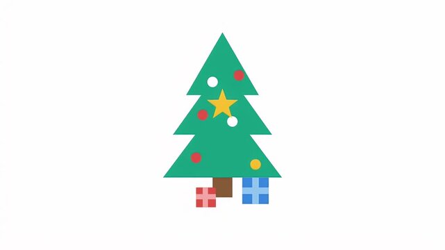 Stylized green Christmas tree with a golden star on top and colorful gift boxes at the base in a flat design style
