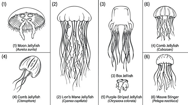 Black and white scientific line art of six labeled jellyfish species with tentacles