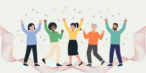 Obraz premium Happy group of multiracial people dancing and celebrating with colorful confetti.
