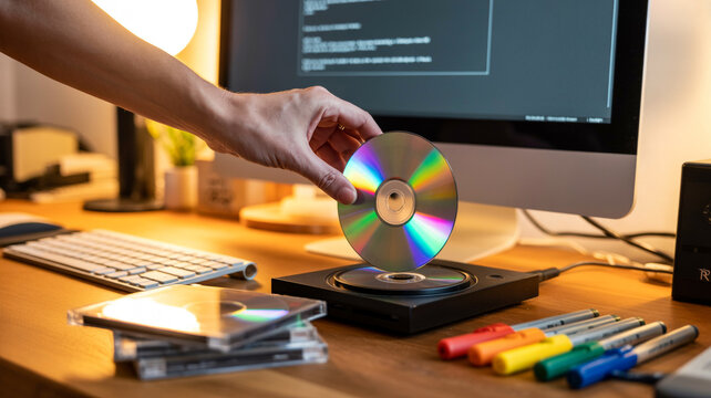 Hand Holding aCD Over aCD/ DVD Drive on a Desk with Computer and Supplies compact disc