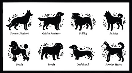 Fototapeta premium Black silhouettes of eight different dog breeds with labeled names in serif font