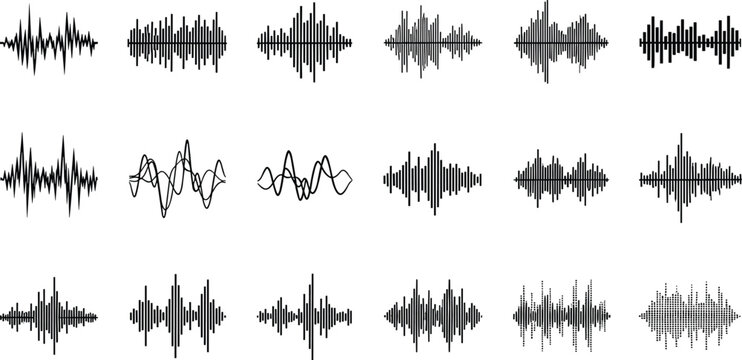 Sound wave and audio equalizer graphics various waveforms and signal patterns
