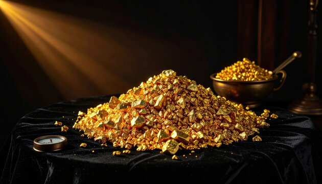 Abundant pile of sparkling gold granules resting on dark velvet cloth, reflecting warm light with rich luster