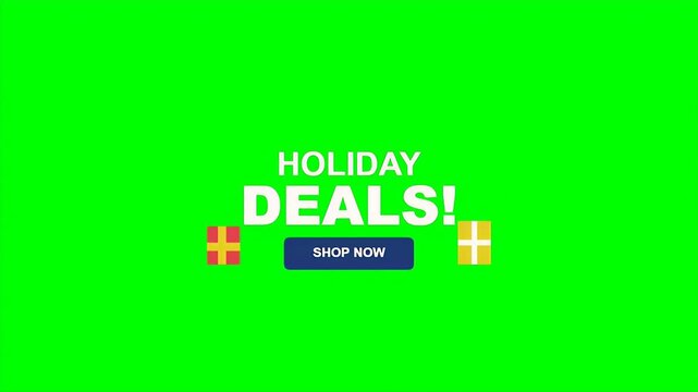 Animated holiday deals text with shop now button and gift box icons for marketing promotion