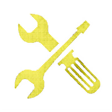 Yellow pixelated wrench and screwdriver crossed over each other with screwdriver pixelated illustration maintenance