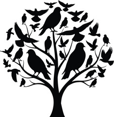 Fototapeta premium Many Birds Sitting Flying On Tree Branches Silhouette Wildlife Nature Flock Black Vector Illustration Isolated White Background
