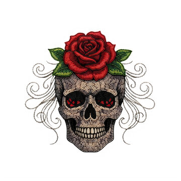Skull with a red rose on top and intricate swirls and patterns intricate decorative mortality graphics