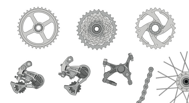 An assortment of individual bicycle components including various gears and a rear derailleur are displayed separately against a clean and bright white background.