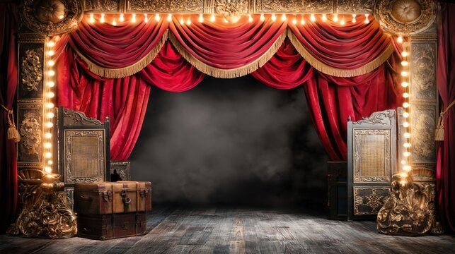Vintage Theater Stage with Red Curtains