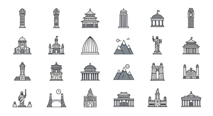 Collection of famous landmark icons, pixel art style, travel and architecture theme © uy