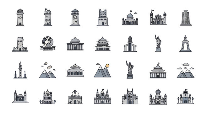 Collection of Famous Landmarks and Buildings Icons, Pixel Art Style