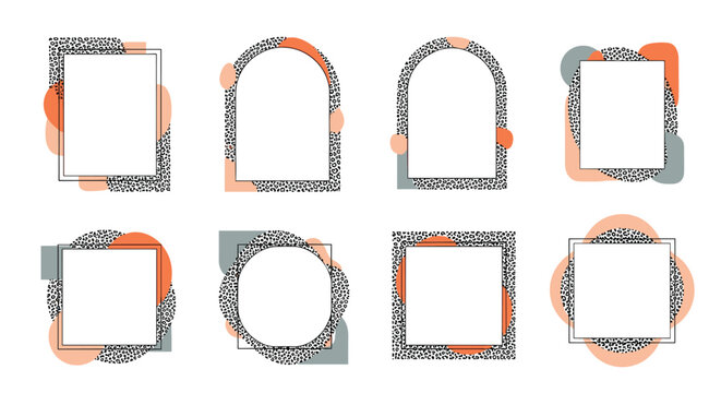 Set of eight stylish abstract frames with leopard print accents and contemporary geometric shapes for modern graphic design.