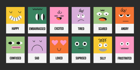 Colorful vector emotion cards set featuring abstract face characters labeled with different feelings. Educational emotional intelligence toolkit for kids, therapy, classrooms and social emotional lear © bosotochka