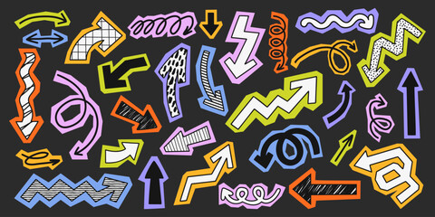 Hand drawn colorful arrow doodle pattern on dark background, abstract direction symbols seamless design for modern creative projects © bosotochka