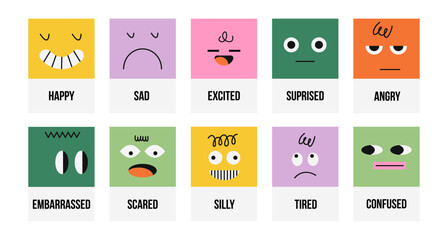 Colorful vector emotion cards set featuring abstract face characters labeled with different feelings. Educational emotional intelligence toolkit for kids, therapy, classrooms and social emotional lear © bosotochka