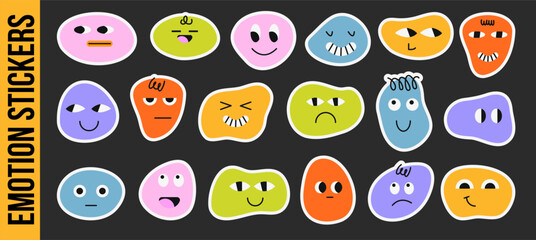 Colorful vector emotion cards set featuring abstract face characters labeled with different feelings. Educational emotional intelligence toolkit for kids, therapy, classrooms and social emotional lear © bosotochka