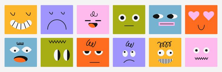 Colorful vector emotion cards set featuring abstract face characters labeled with different feelings. Educational emotional intelligence toolkit for kids, therapy, classrooms and social emotional lear © bosotochka