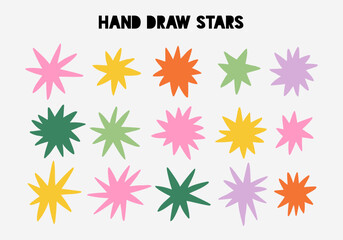 Hand drawn abstract star shapes collection in modern doodle style. Colorful outline stars isolated on light background for design, logos, and patterns. © bosotochka