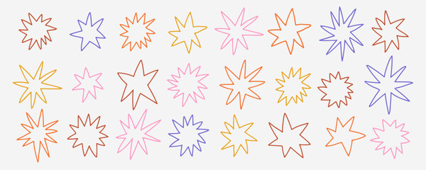 Hand drawn abstract star shapes collection in modern doodle style. Colorful outline stars isolated on light background for design, logos, and patterns. © bosotochka
