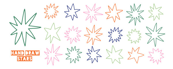 Hand drawn abstract star shapes collection in modern doodle style. Colorful outline stars isolated on light background for design, logos, and patterns. © bosotochka
