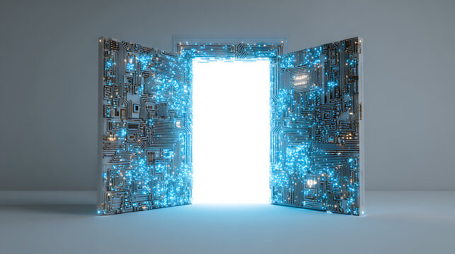 Glowing blue circuit board doors opening to a bright white light