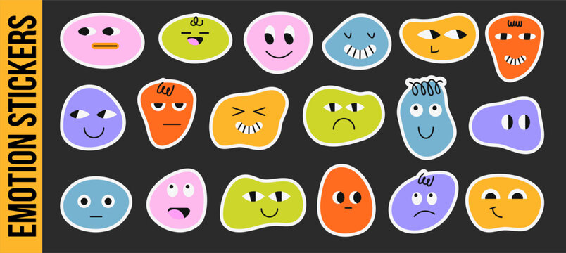 Colorful vector emotion cards set featuring abstract face characters labeled with different feelings. Educational emotional intelligence toolkit for kids, therapy, classrooms and social emotional lear