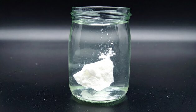 A small chunk of white phosphorus reacting and faintly glowing within a glass jar of liquid in a controlled laboratory setting