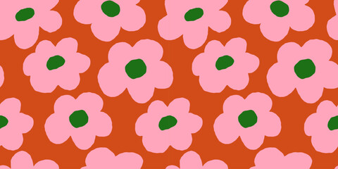Seamless bold floral pattern with abstract flowers in retro style, colorful repeat background for textiles, wallpapers, and surface design © bosotochka